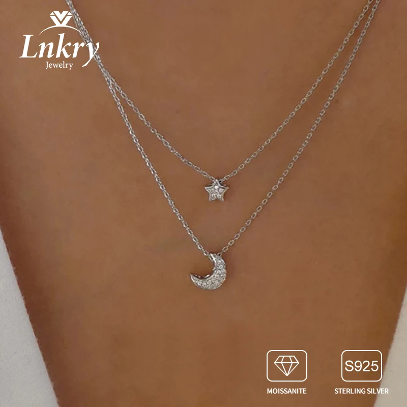 

Lnkry Double Layer Chain Moissanite Diamond Necklace For Women Genuine 925 Silver Moon And Star Pendant Necklace Jewelry Gift