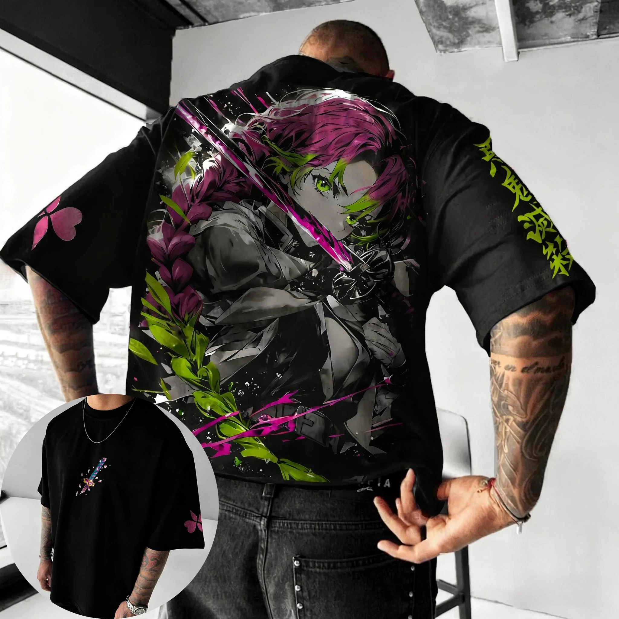 鬼滅の刃アニメコラボTシャツ2025夏メンズ新作煉獄杏寿郎プリントゆったりカジュアルプラスサイズ親子トップス