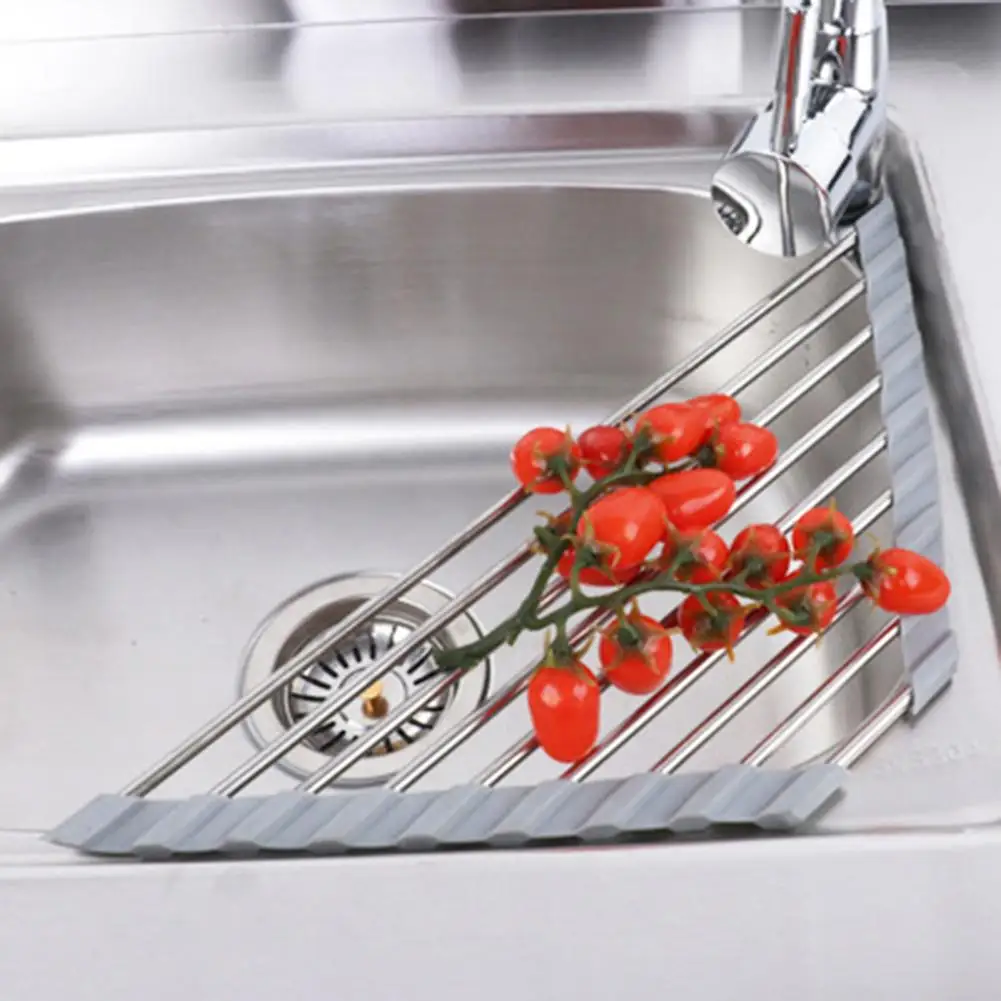 Triangle Roll-Up Dish Drying Rack Foldable Stainless Steel Over Sink Organizer Space Saving Kitchen Sink Corner Drainer Shelf