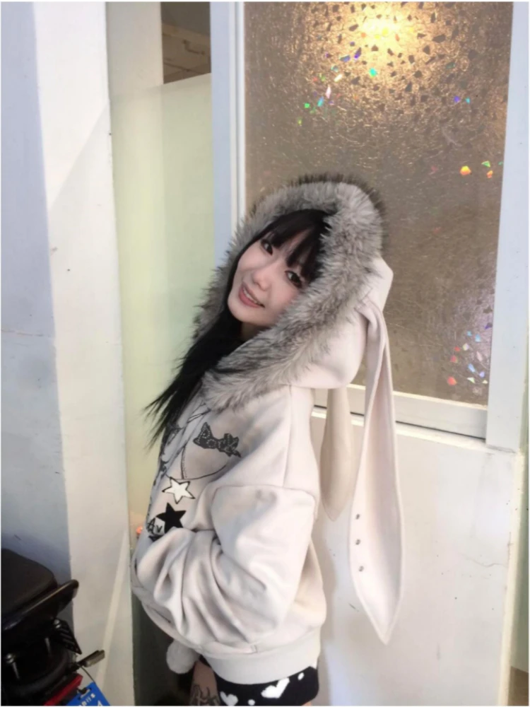 Y2k Vintage Sottocultura Manica lunga Giacca con cappuccio Donna Orecchie di coniglio Felpa Kawaii Americano Retro Colletto finto 2025 Autunno