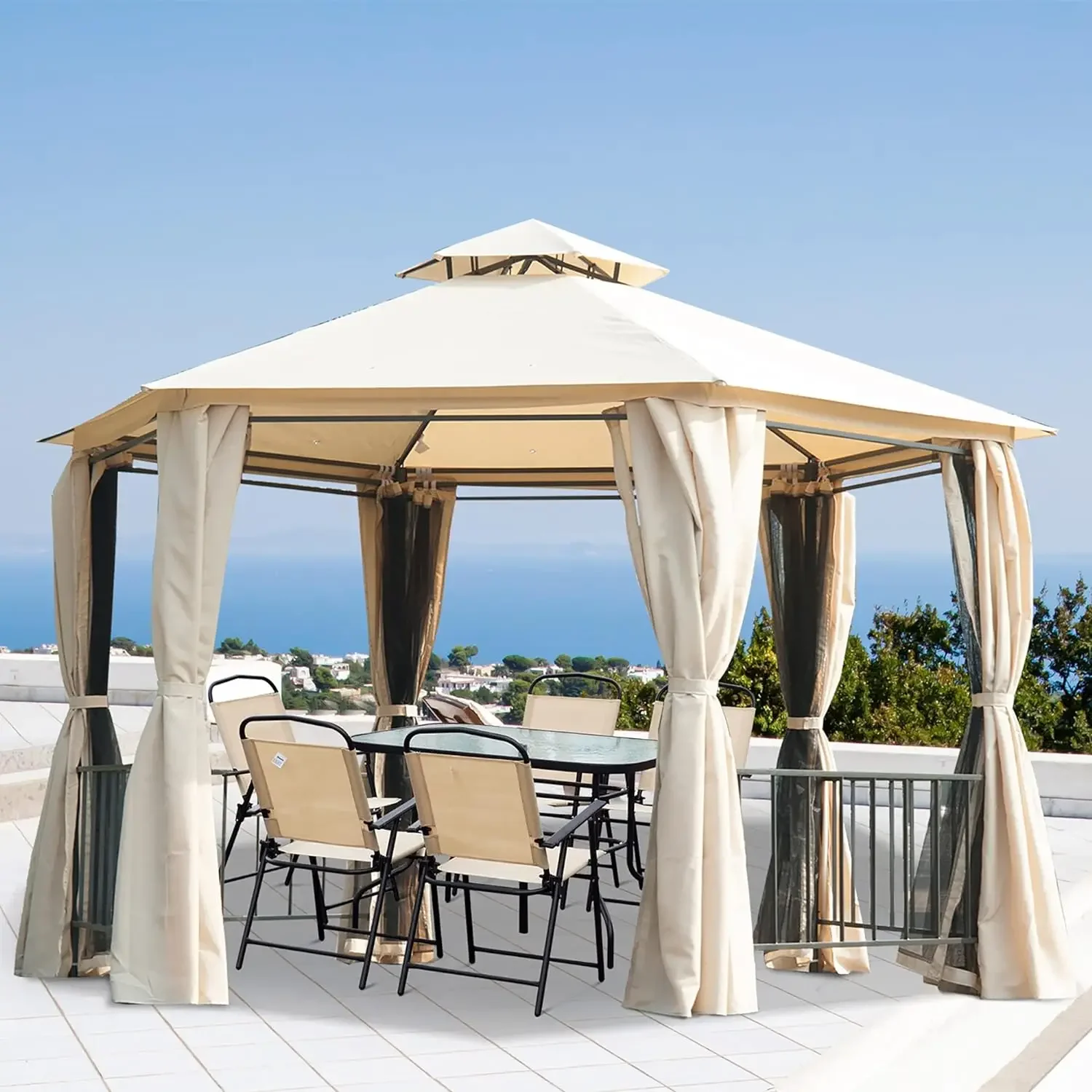 Patio Gazebo, Double Roof Hexagon Outdoor Gazebo Canopy Shelterwith Netting & Curtains, Solid Steel Frame for Garden and Deck