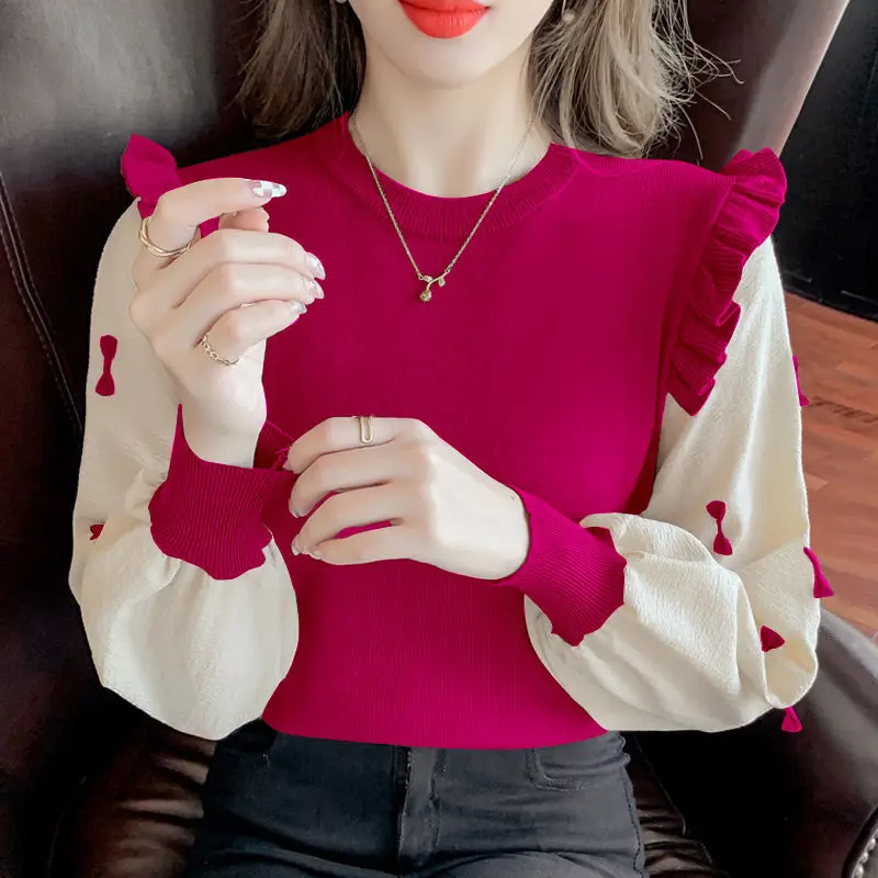 Stylish Knitted Spliced Bow Ruffles Fake Two Pieces Blouse Female Clothing 2023 Spring New Casual Pullovers Loose Sweet Shirt