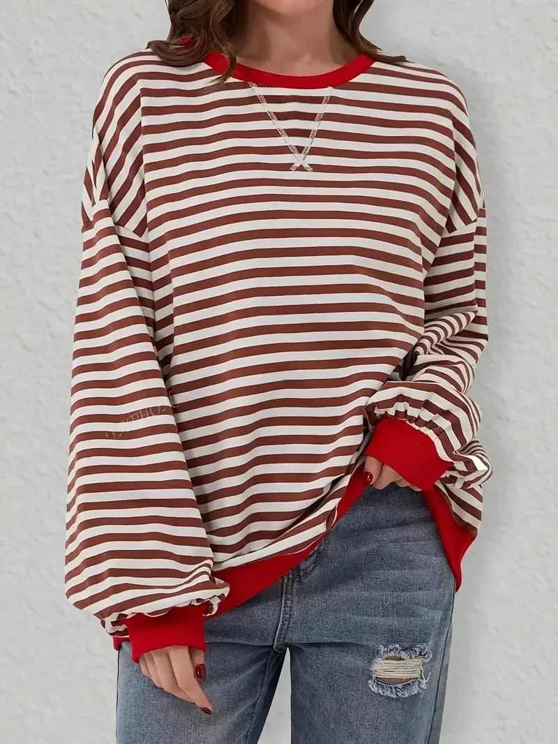 Plus Size 1XL-5XL Women Casual Casual Striped Drop Shoulder Long Sleeve Sweatshirt Women's Round Neck Loose Sweatshirt 4