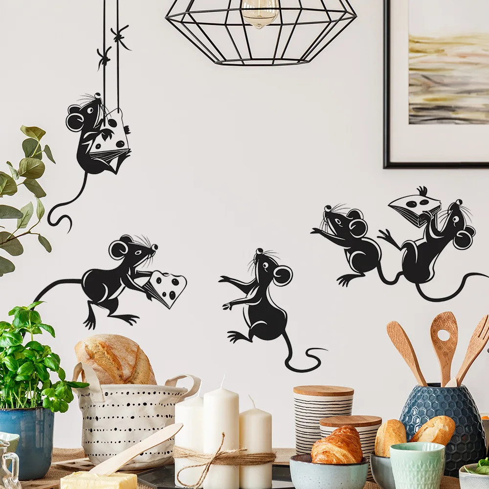 Naklejki ścienne Cartoon Mouse Stealing Cheese do kuchni Dekoracja restauracji Mural Pokój Szafka Home Decor Samoprzylepne naklejki