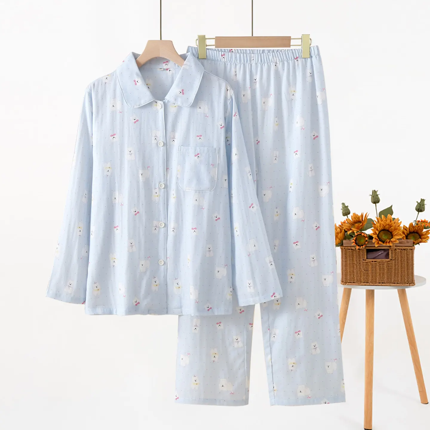 2pcs Women's Pajama Set Cute Cartoon Style 100% Cotton Double Layer Gauze Long Sleeve Loose Lightweight Breathable Loungewear Fo
