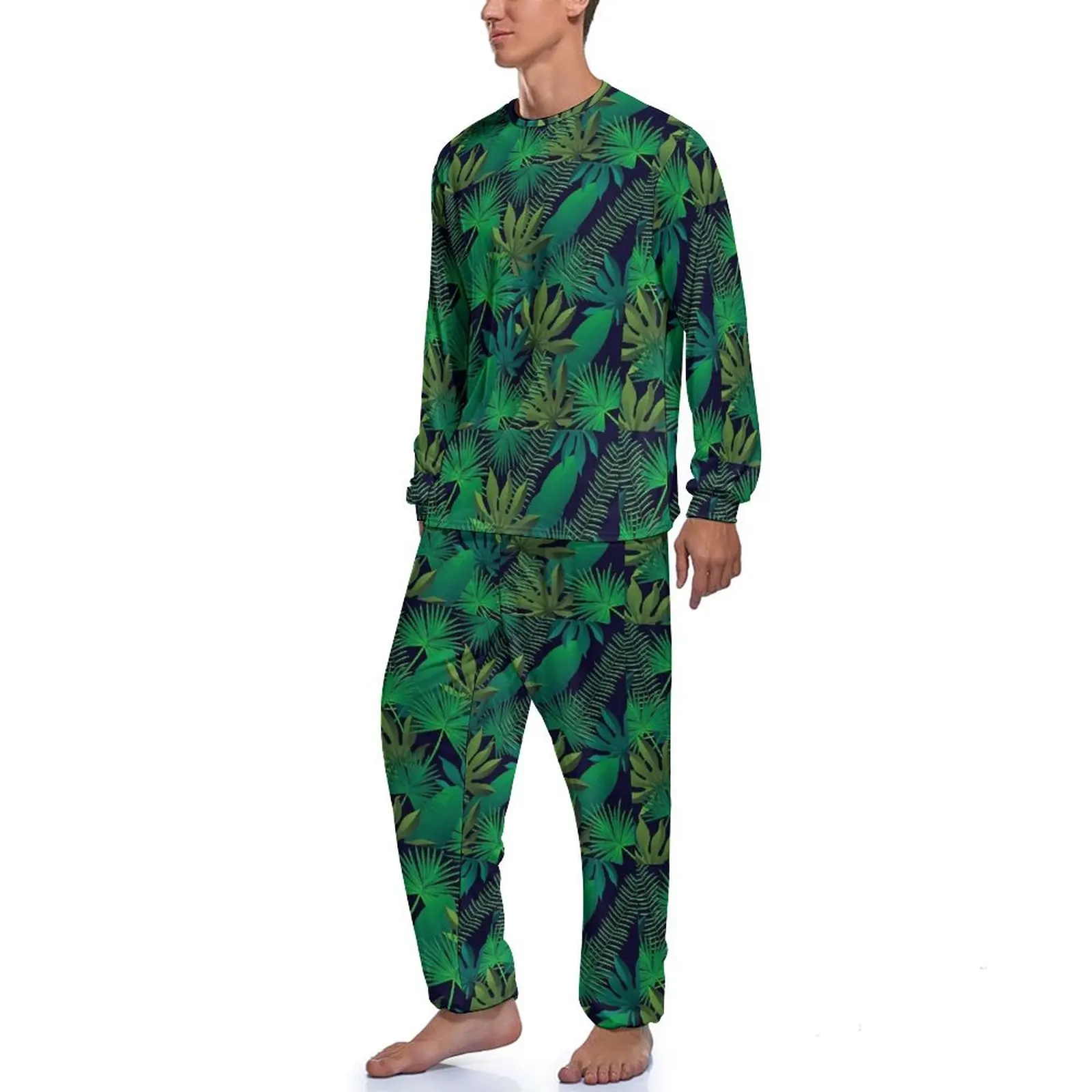 Tropical Print Pajamas Spring Green Leaves Aesthetic Nightwear Male Two Piece Design Long Sleeve Kawaii Pajamas Set