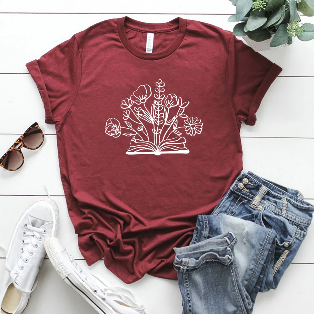 T-shirt manches courtes pour amoureux de livres floraux, décontracté, cadeau pour enseignant, pour femmes