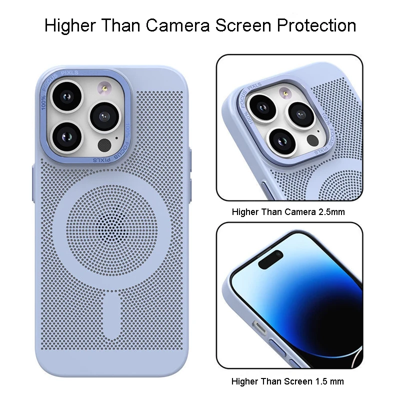 Heat Dissipation Magsafe Magnetic Case For iPhone 14 15 Plus 13 12 11 Pro Max Metal Lens Frame Matte Breathable Grid Hard Cover image 4