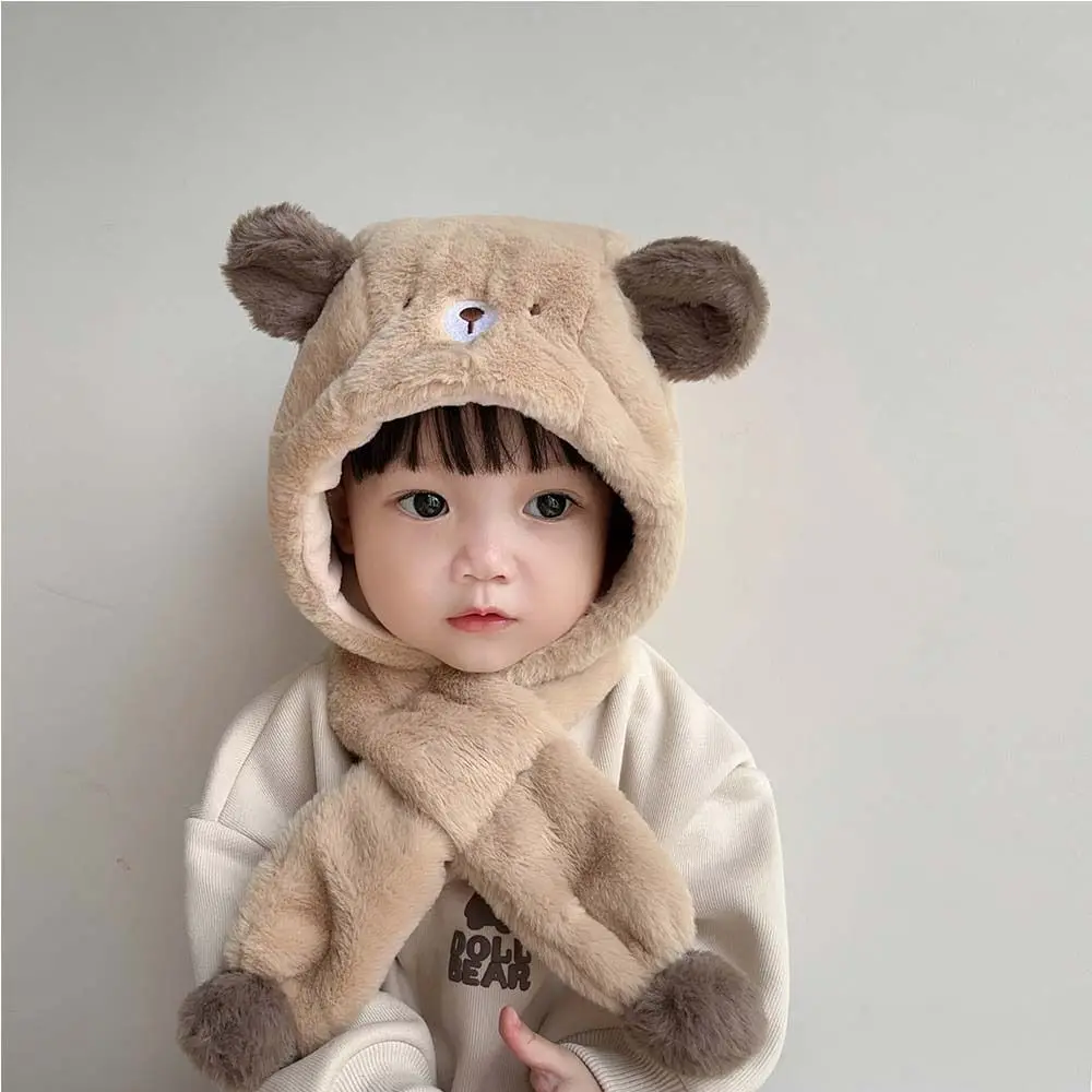 الصلبة اللون الدب أفخم قبعة الكورية نمط القماش الاكسسوارات الأطفال الصوف قبعة الكرتون تصميم الأزياء أفخم قبعة مع وشاح الصبي