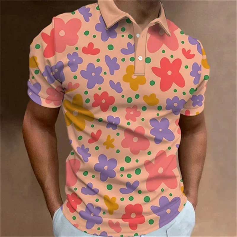 Plain Men\'s Polo Shirt Fashion 3D Printed Flower Pattern Lapel Short Sleeve Top Summer New Leisure Street Breathable Clothing