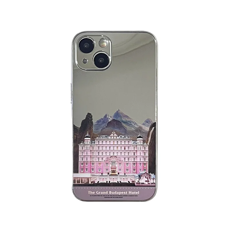 Korean INS Creative Mirror Back Budapest Hotel Modern Phone Case for iPhone 15 14 13 Pro Max Back Cover for 12 Pro Funda