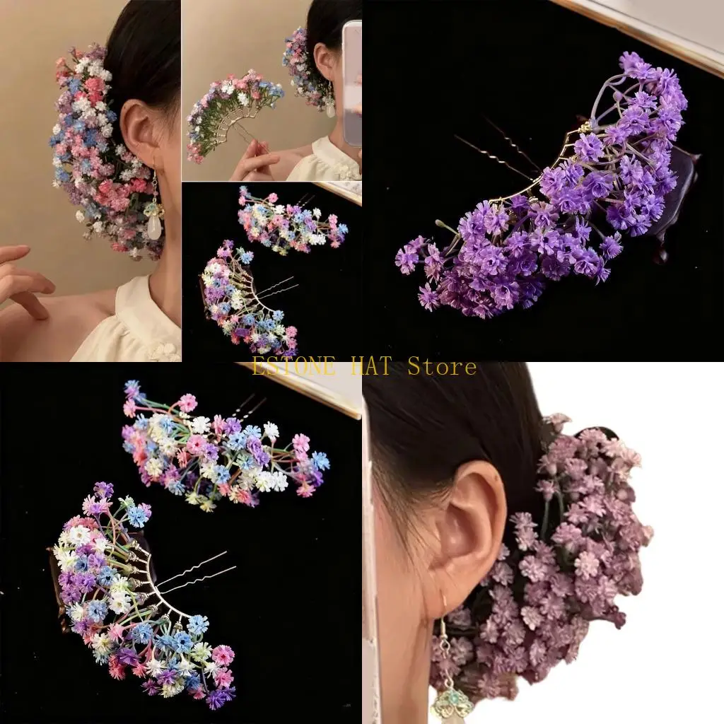 

49MF Удобная металлическая заколка для волос с цветочным принтом, вилка для волос с цветком гипсофилы для женщин, надежная ручка