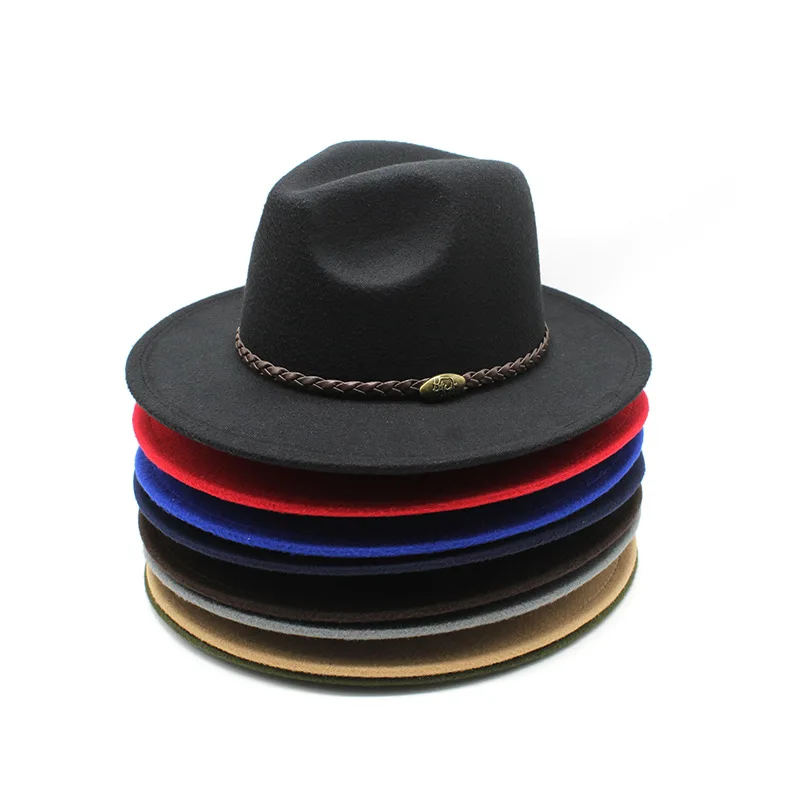 

2023 Retro Fedora Hat Belt Woolen Hat Cowboy Hat Retro Wool-like Felt Hat Flat Eaves Cap