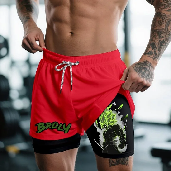 أنيمي لعبة دراغون بول برولي طباعة رياضة السراويل رجل الصيف المرأة الرياضة طبقة مزدوجة 2 في 1 سراويل رياضية التجفيف السريع شورتات للبحر