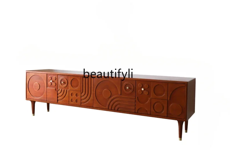 Nordic all-solid wood TV cabinet medieval retro style carved chest cabinet living room storage small apartment floor cabinet