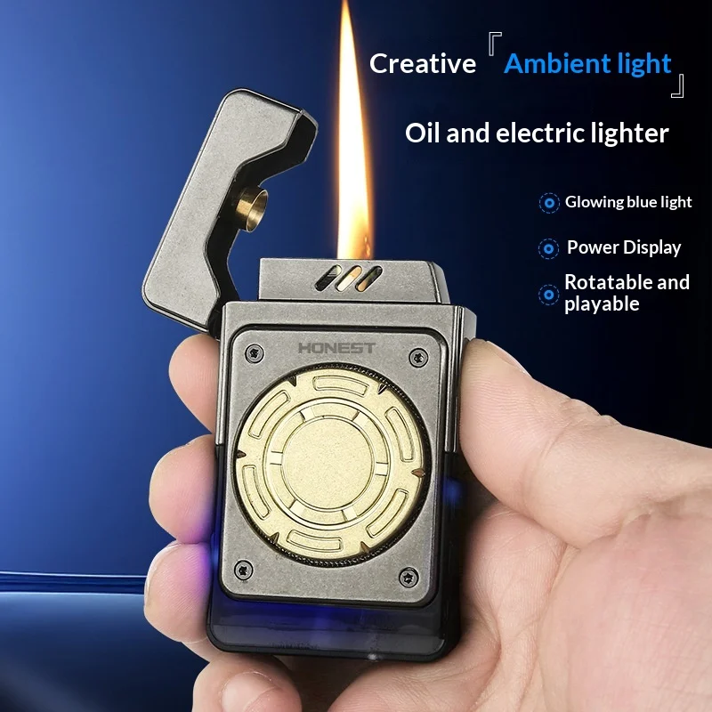 HONEST Creative Blue Atmosphere Light Voice Controlled Ignition Windproof Kerosine Lighter Visual Oil Tank USB Electric Lighters