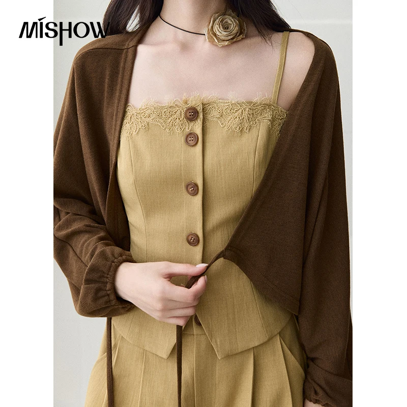 MISHOW Women's Matching Sets Elegant Cropped Knit Cardigan Lace Camisole Wide Leg Pants 2026 Fall Daily Cozy Outfits MXF45T3191