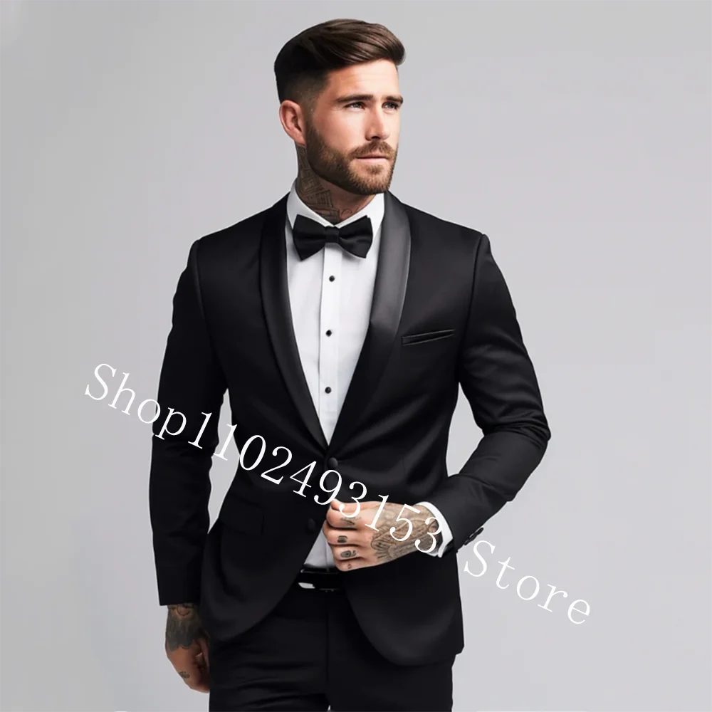 

Black 2 Pieces Tuxedo Suit Blazer Pants Formal Groomsmen Bridegroom Wedding Tuxedo Business Best Men Groom Wear Trajes De Hombre