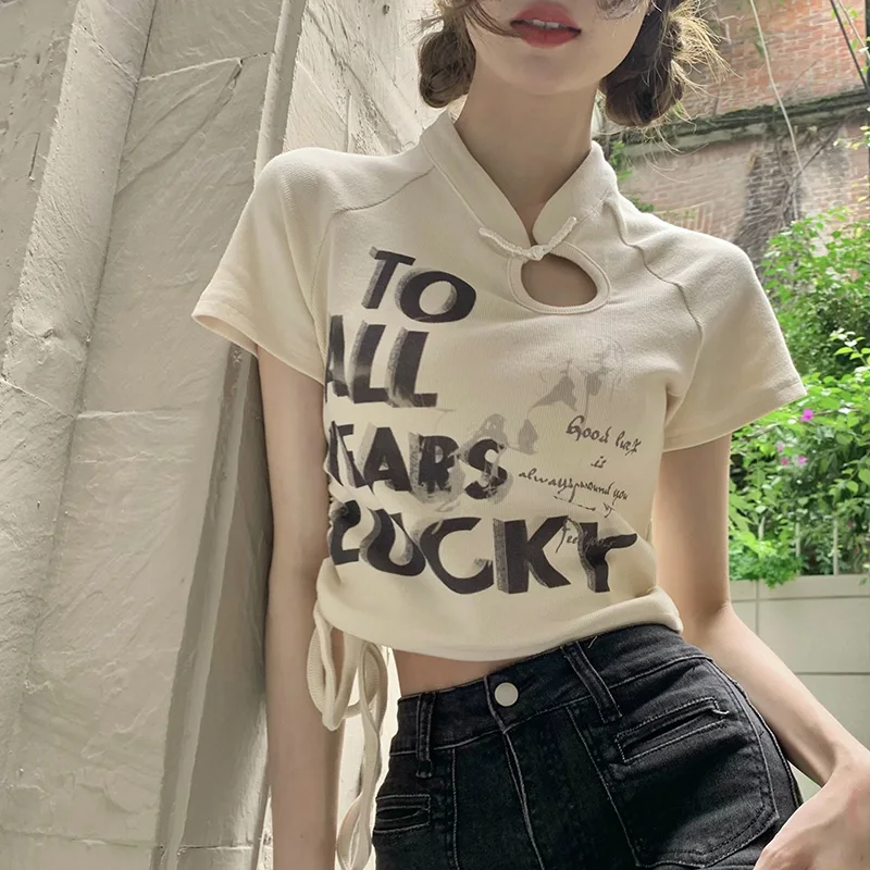 Women Fashion Chinese Style Crop Tops Lady Outside Ruched Tie Up Daily Clothes Female Letter Printing Short sleeved T-shirts