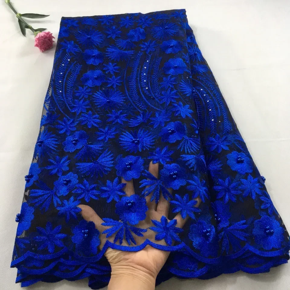 Royal blue african lace fabric 2024 high quality french mesh lace fabric beaded stones nigerian swiss lace fabric for dress HX09