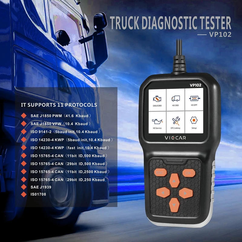 

Viecar VP102 Universal Car & Truck Code Reader 2 In1 Diagnostic Tool Obd Scan Multi-Systems For Heavy Duty Truck