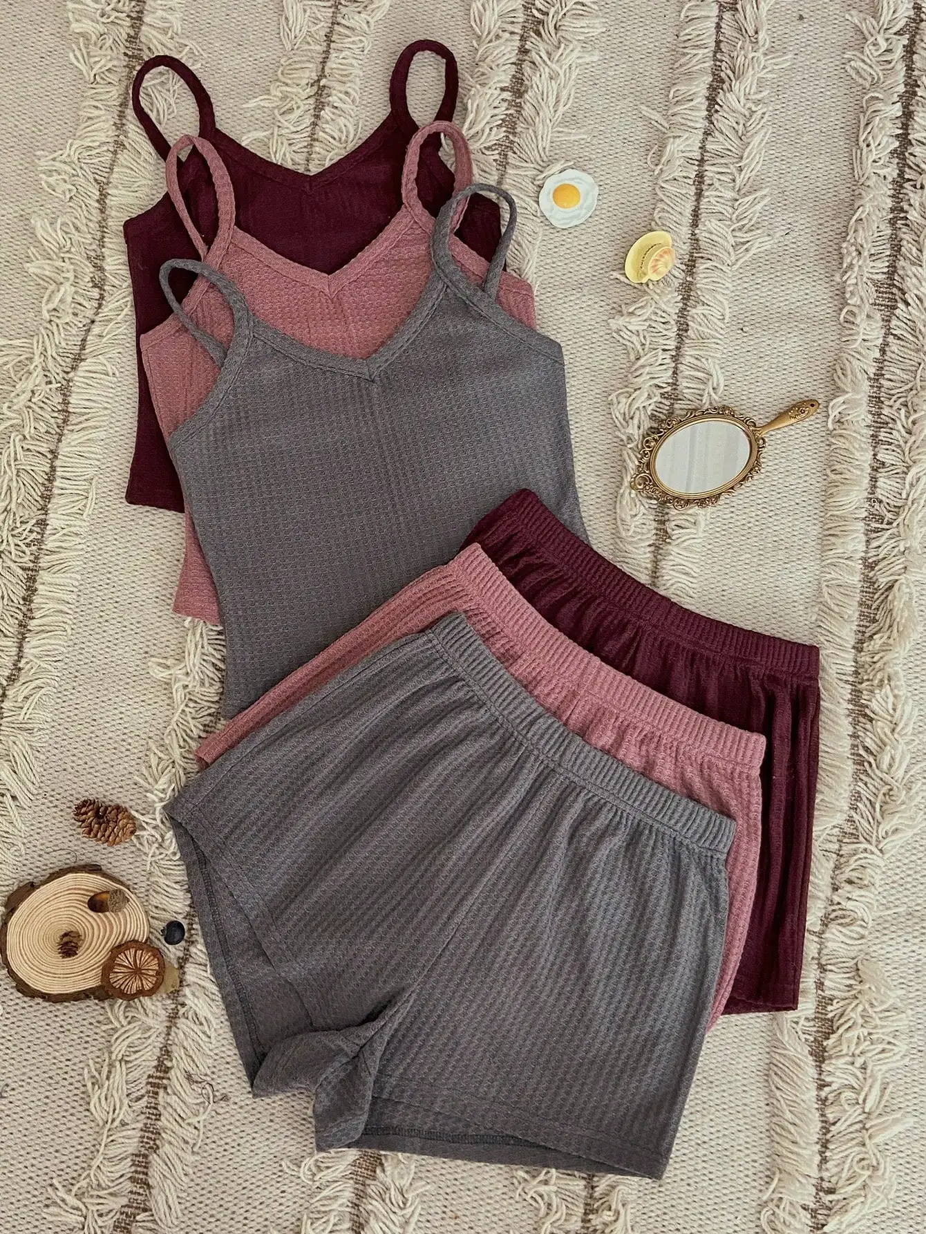 

3-Pack Waffle Knit Cami Tops & Shorts Pajama Set for Women