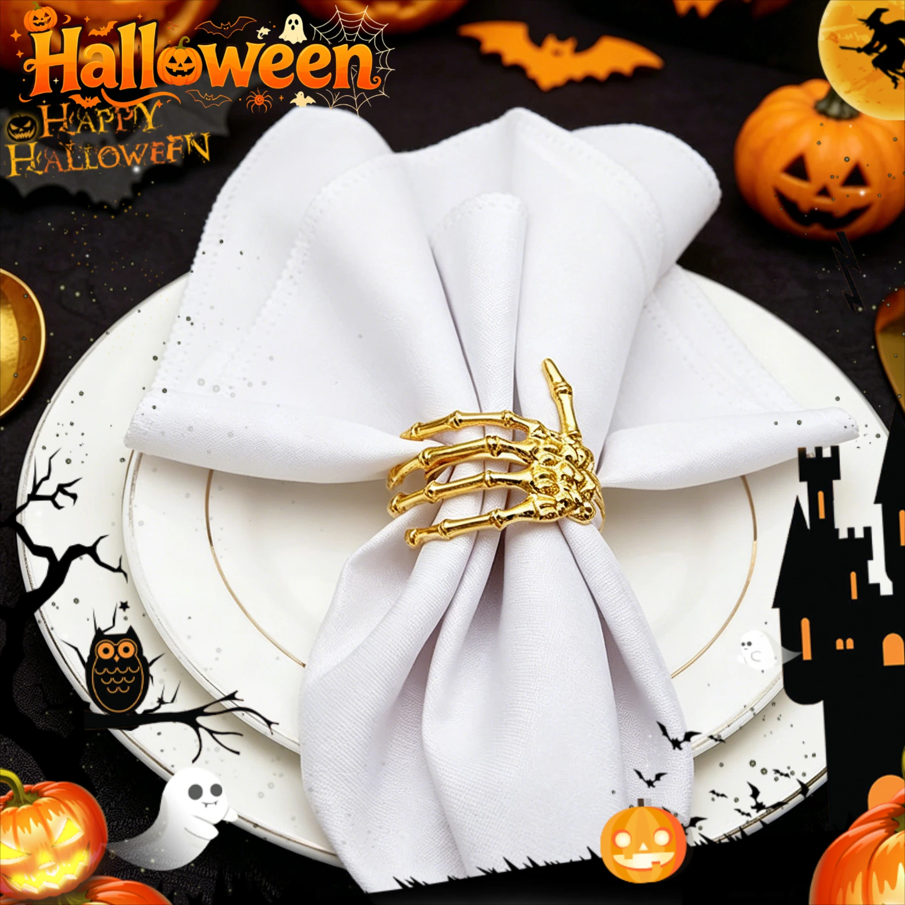 Skeleton Hand Napkin Rings Set Halloween Spooky Alloy Holder Scary Buckle for Holiday Home Bar Party Dining Table