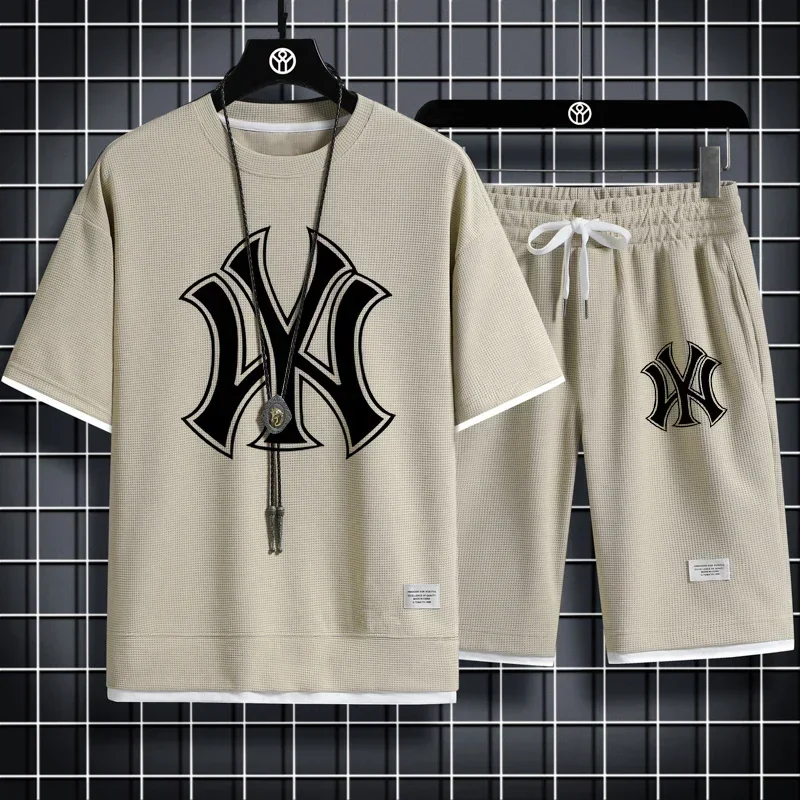 

Men's Gym Sportswear Set, Knitted, Quick Dry, High Quality Casual T-shirt and Shorts, Summer Fashion, 2 Piece Set, 2025