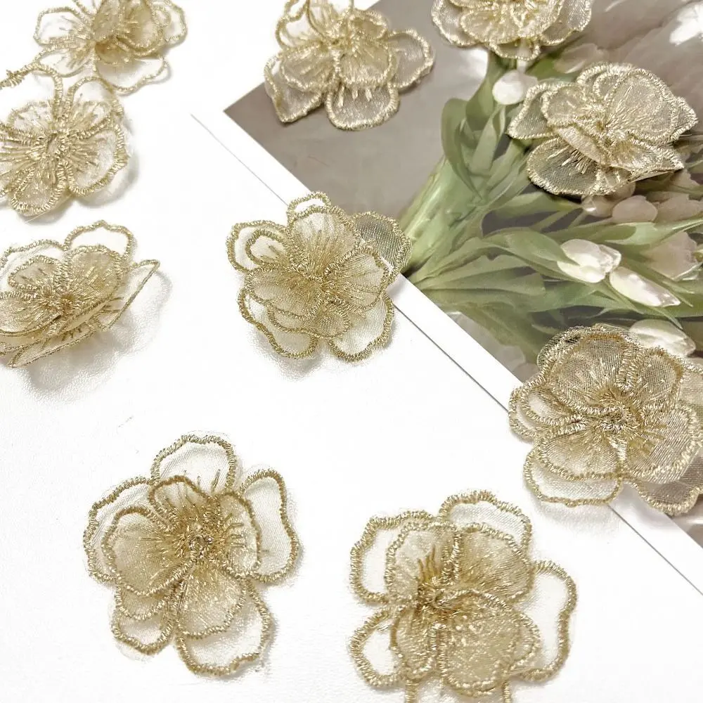 10pcs/Lot Sew On Lace Flower Patches White Sub Gold Organza Flower Appliques for Bridal Wedding Dress Clothes DIY Decoration