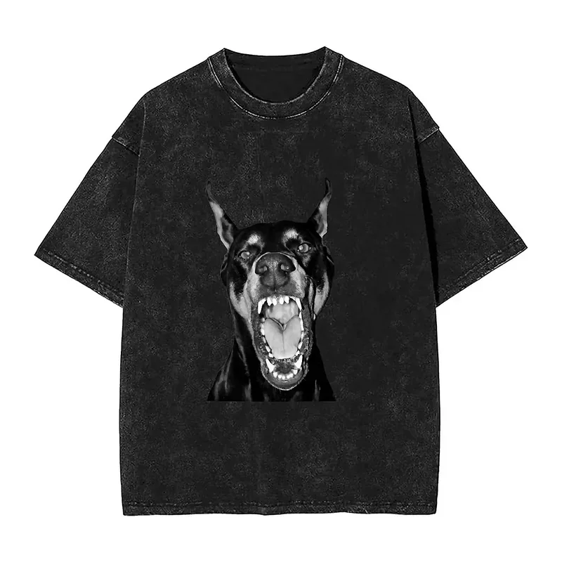 Doberman dog washed t-shirt men growl animal Y2K fun cotton T-shirts summer o-neck trending tee shirt design oversized tops