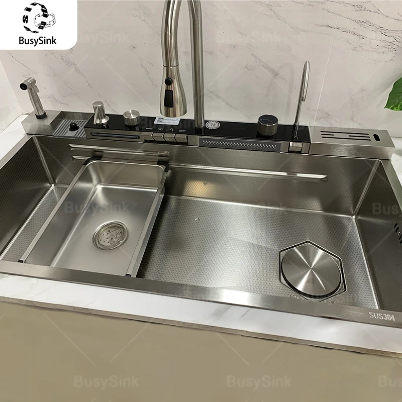 

Stainless Steel Kitchen Sink Waterfall Wash Vegetables Basin Intelligent Digital Display Faucet Dish Wash Bowl Large Single Slot