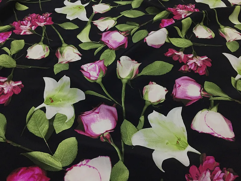 1 meter 100% Mulberry Silk 16 momme Crepe Silk Fabric Black with Lily Flower Printed 138cm 54