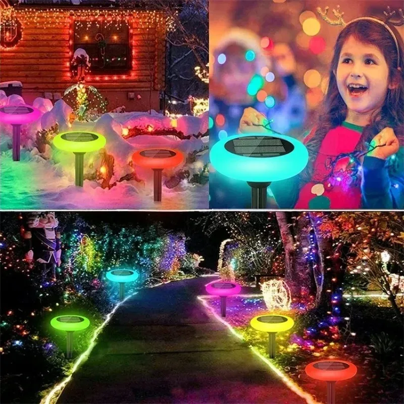 Solar Powered UFO Mushroom Lawn Light Outdoor LED Color Changing Garden Pathway Decorative Atmosphere Ground Plug Lamp