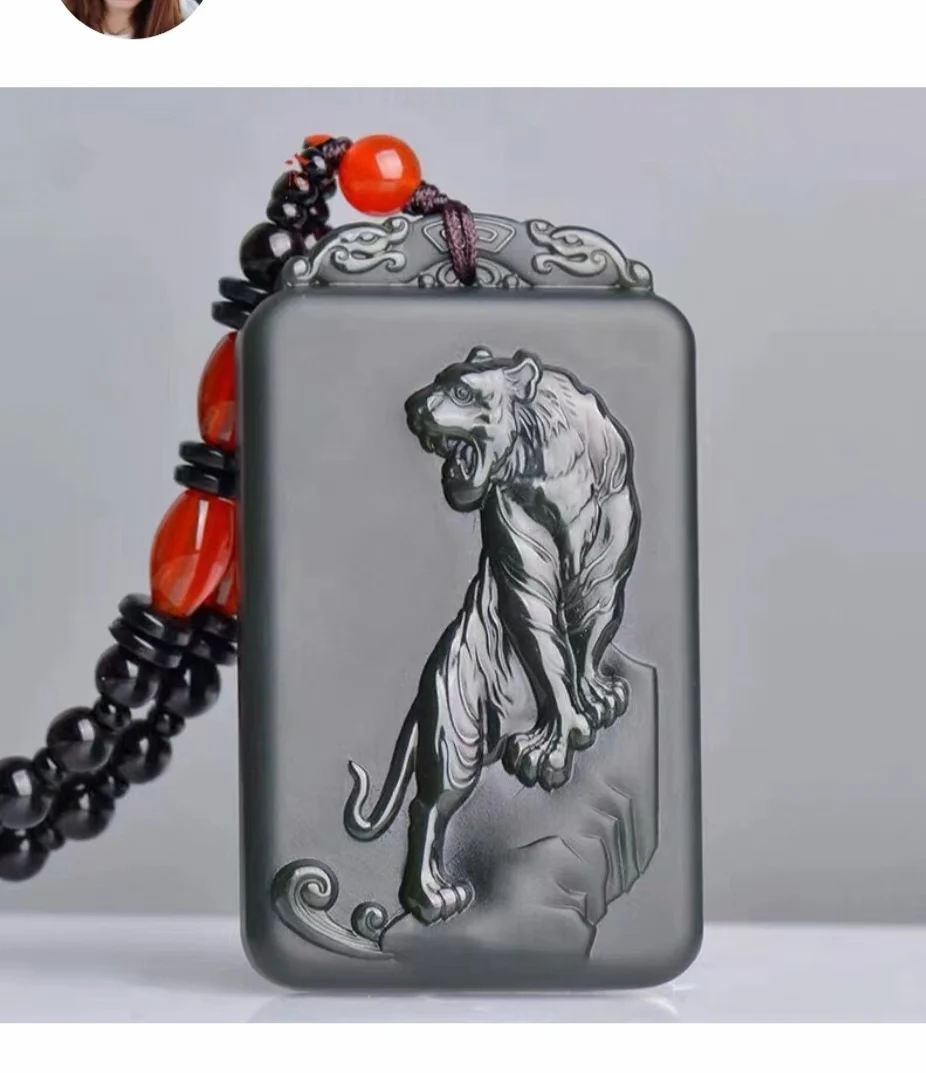 

Natural He Tian Jade Carven Uphill Tiger Pendant Amulet Bless Energy Career Boost Hanging Talisman