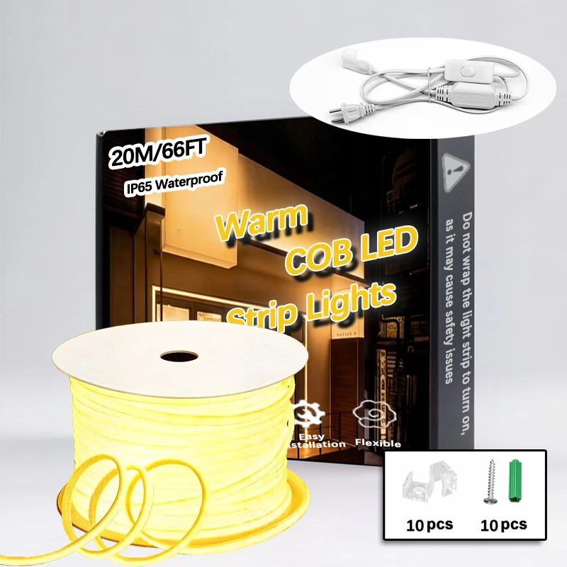 

110V COB LED Strip Lights 66ft Warm Waterproof Flexible Cuttable LED Rope Light for Bedroom Living Room Outdoor Decoration