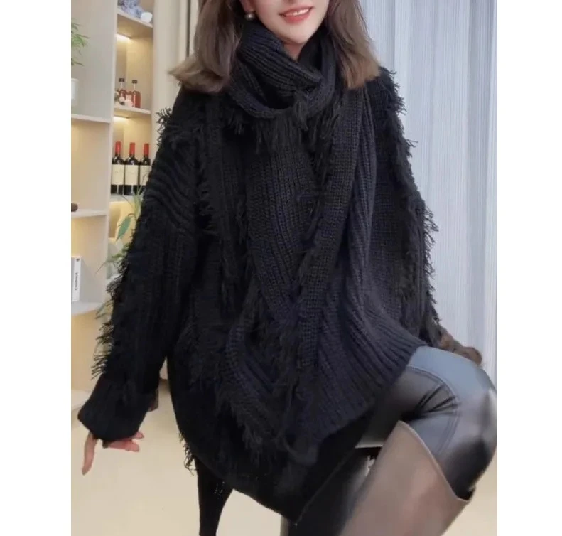 

Autumn Winter Women's Scarf Split Top w Lazy Tassel Sweater Collar Two-Piece Set Red Black Khaki City Style