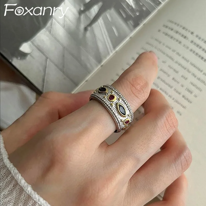 Foxanry Multicolor Zircon Stripe Open Ring For Women Couples Vintage Trendy Creative Design Personality Anniversary Jewelry Gift