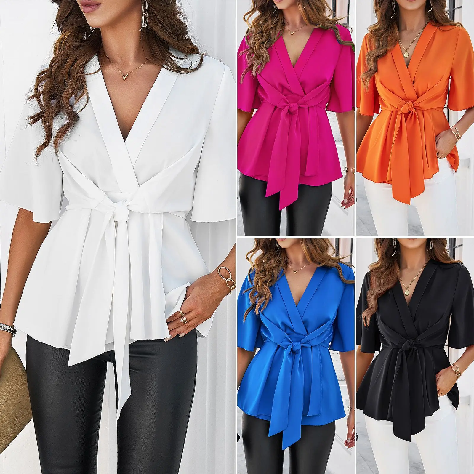 

Women's Spring Summer V-neck Solid Color Elegant Three-quarter Sleeve Strappy Tunic Top Shirt New Fashion Office Casual Shirts