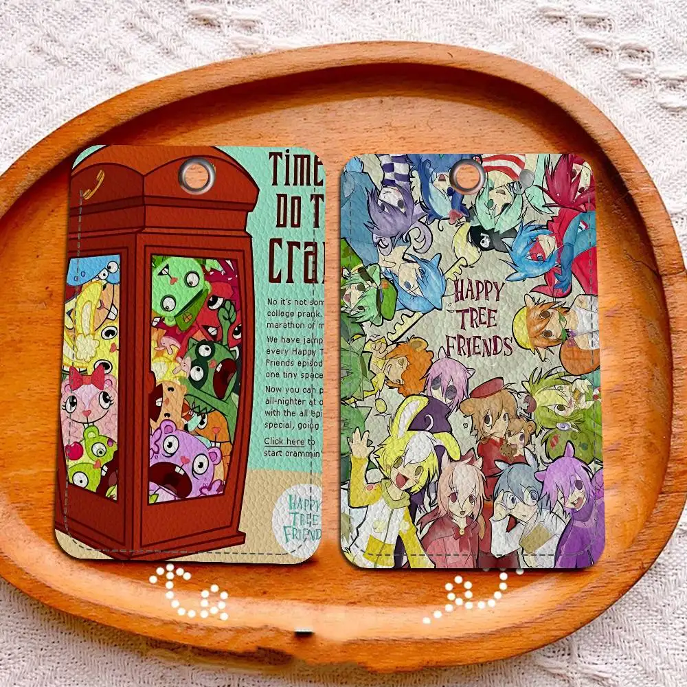 Classic Horror Animation H-Happy Tree Rectangle ID Card Case Keychain Access Card Bag Key Tag Ring Leather Card