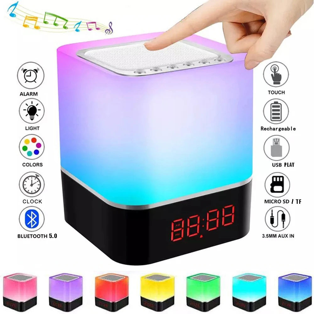 Wireless Bluetooth Speaker with LED Music Alarm Clock. Rechargeable RGB Colorful Atmosphere Night Light Lamp