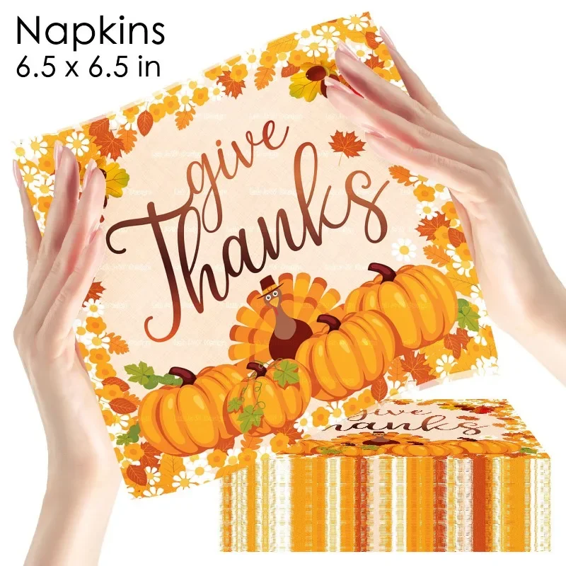 20pcs 33cm 2-Ply Thanksgiving Elements Pumpkin Autumn Tissue Paper Napkins Yellow Background Turkey Full Page Print Napkins