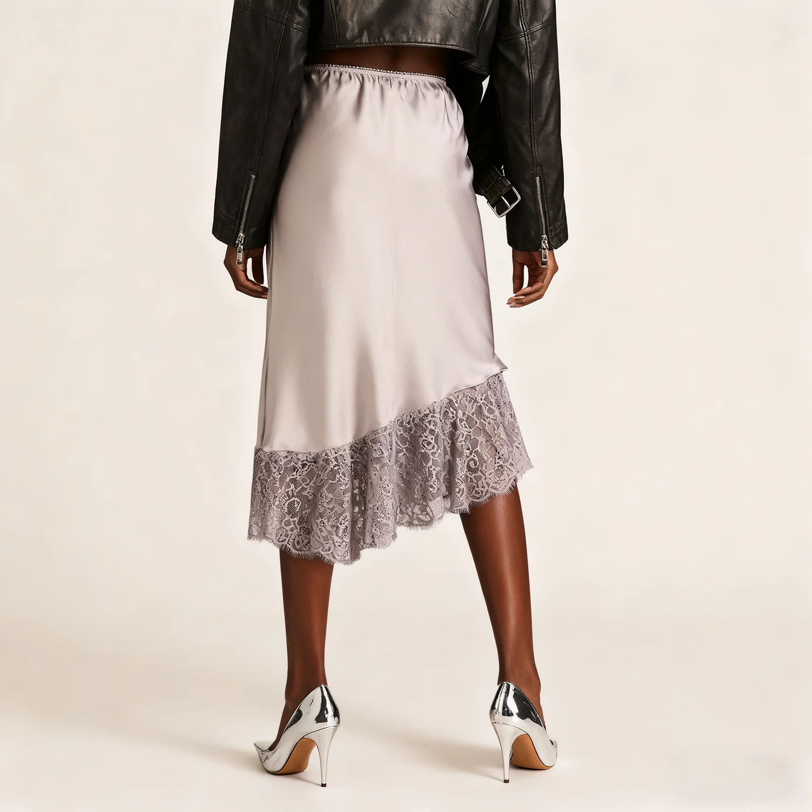 Womens Midi Skirt A Line Stylish Lace Trim Hem Detail Mid Rise Skirts for Elegant Black Satin Midi Skirts