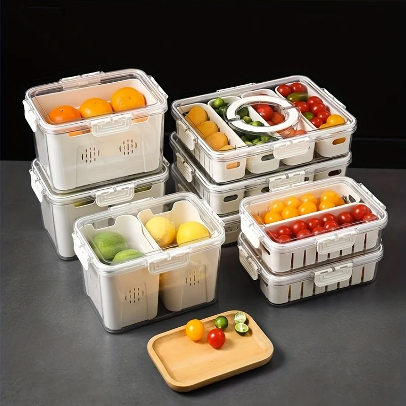 Transparent Refrigerator  Box with Drain Basket - Stackable Produce Saver Container for Fresh Vegetables and Fruit - 2/4 Grids F