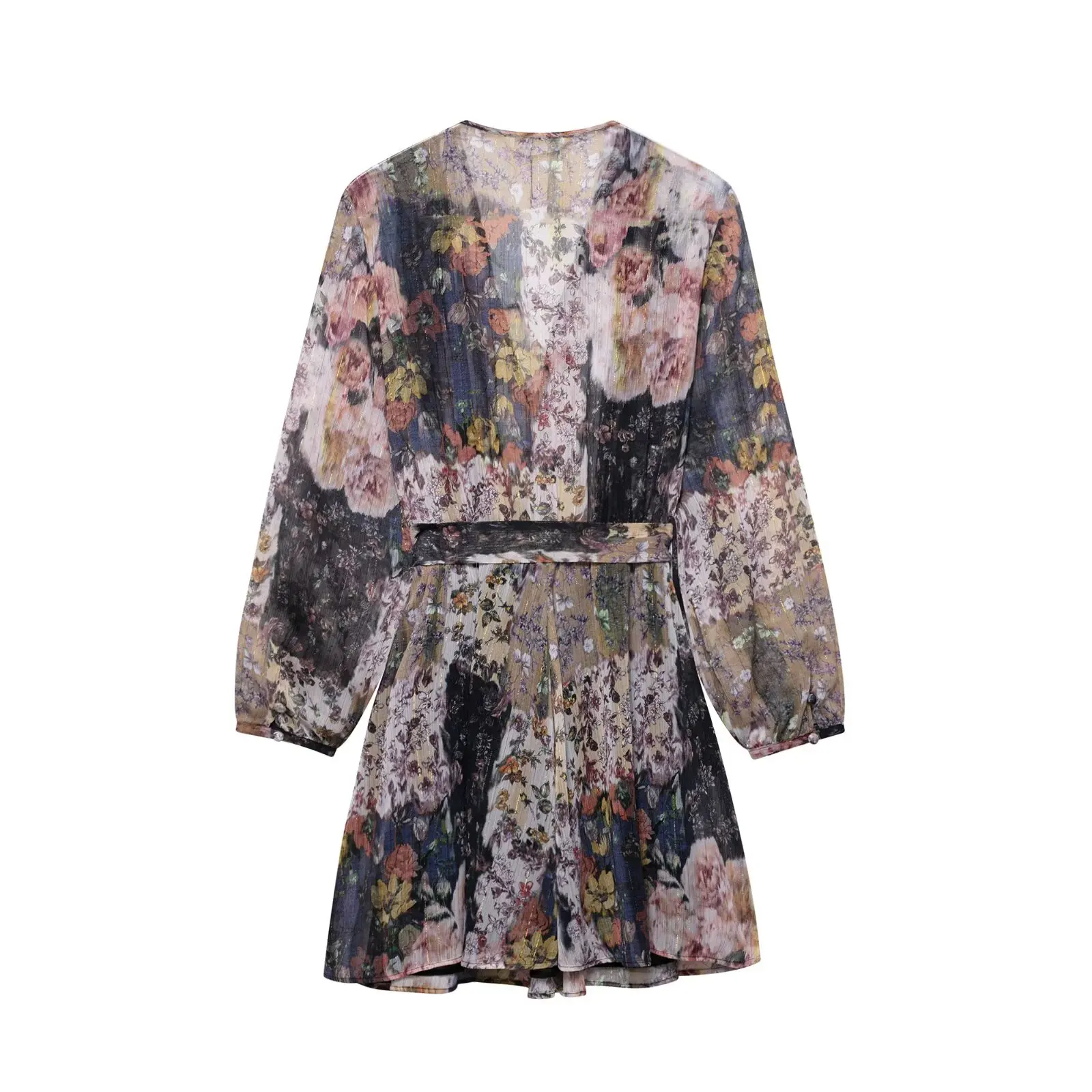 فستان نسائي أنيق من Zevity برقبة على شكل V وخياطة من الدانتيل وشاحات مطبوعة بالزهور فستان نسائي أنيق بأكمام طويلة فساتين غير رسمية DS9077