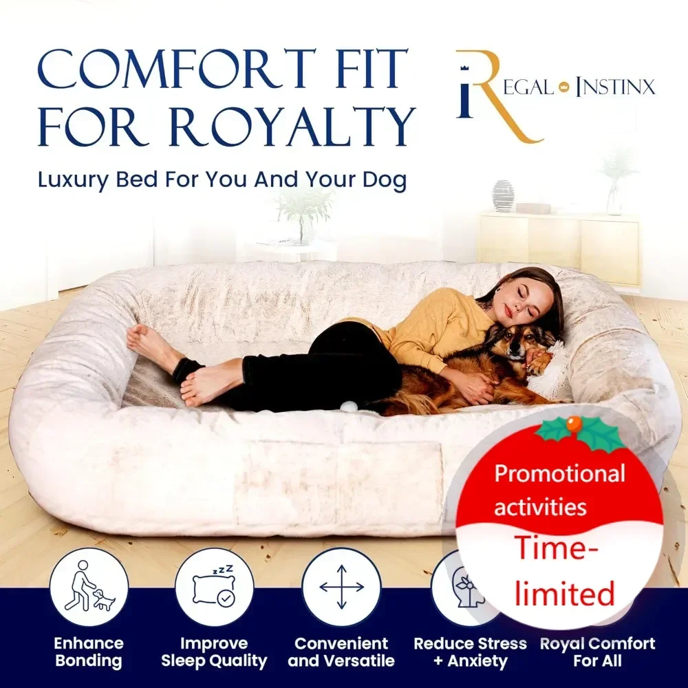 

Hot salesOversized Fluffy Human Dog Bed with Blanket - Washable Cover, Non-Slip Bottom, Waterproof Liner & Storage Pockets