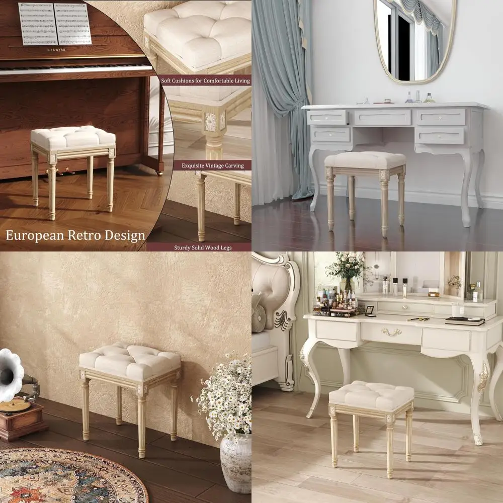 

Vintage Beige Upholstered Vanity Stool for Bedroom, Dining, or Living Room, Rustic Wooden Makeup Bench, Easy Assembly