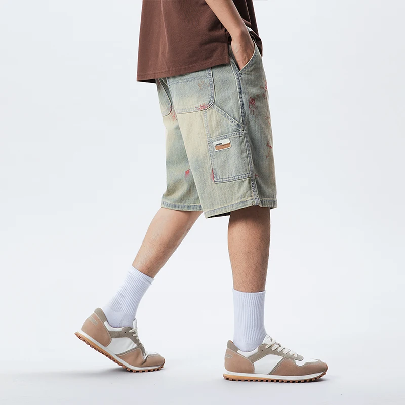 

XY9935 New trendy casual washed American retro denim shorts men's splashed ink summer thin five quarter pants