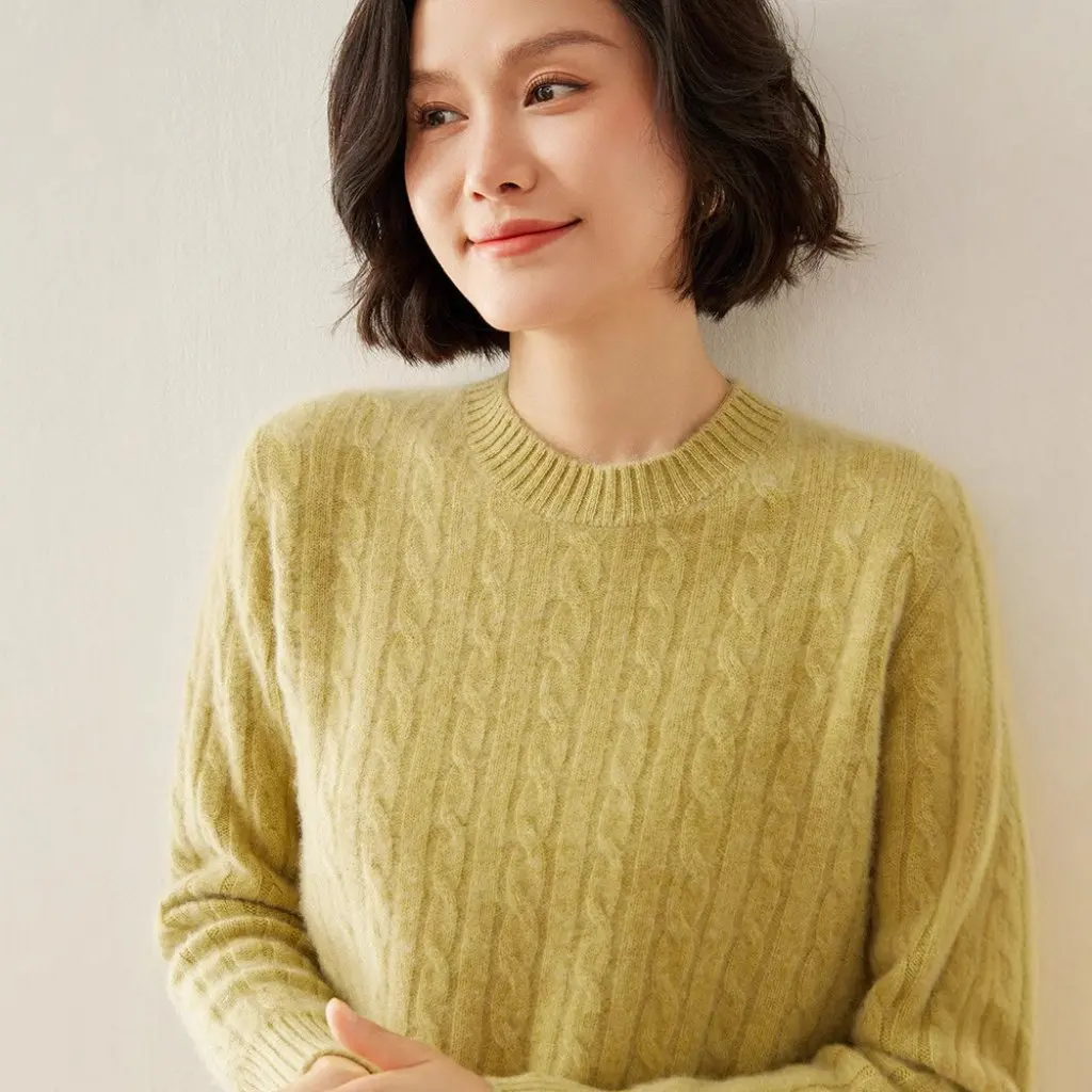 

Women's Thickened round Neck Cashmere Knitwear Slim-fit Warm Sweater Fashionable Twisted Design for Autumn Winter All-match