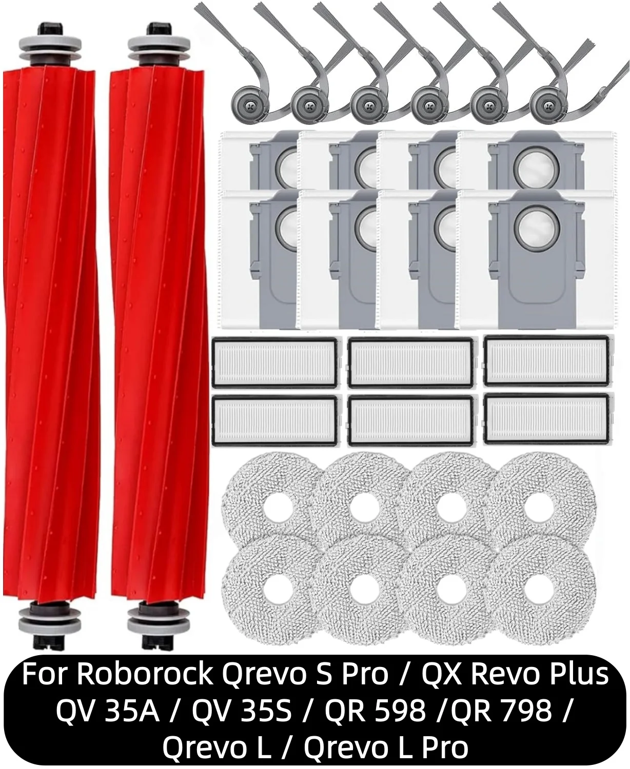 Аксессуары для роботов-пылесосов Roborock Qrevo S Pro/QV 35A/QV 35S/QR 598/QR 798/QX Revo Plus: щетки, мешки для пыли, фильтры, насадки для швабры.
