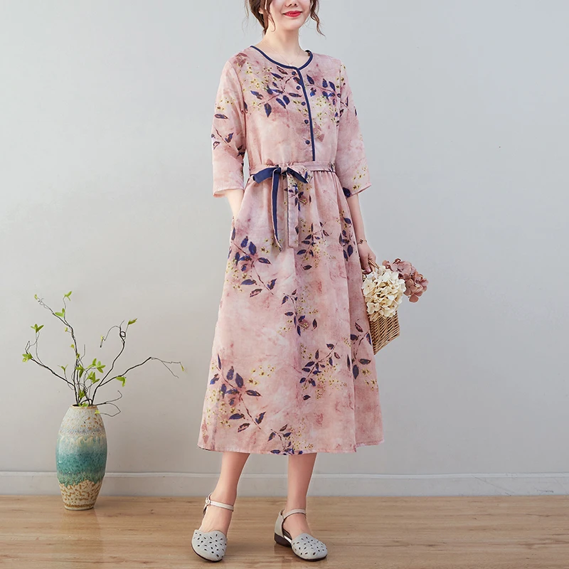 

Spring And summer Vintage 100% Cotton Linen Long Dress Women Elegant Loose Casual Floral Beach Midi Dress Female Clothing X1137